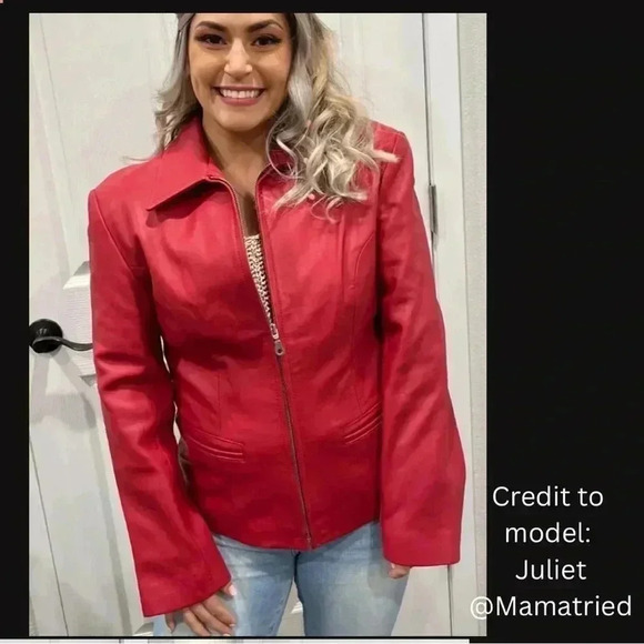 Red Leather Jacket, zip front with pockets EUC - Picture 3 of 8
